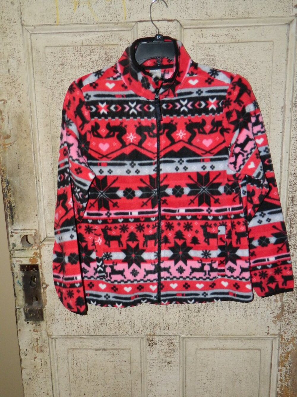 Vera Bradley Nordic Fair Isle Fleece Zip Jacket Red Pink Reindeer Sz M (V-4)